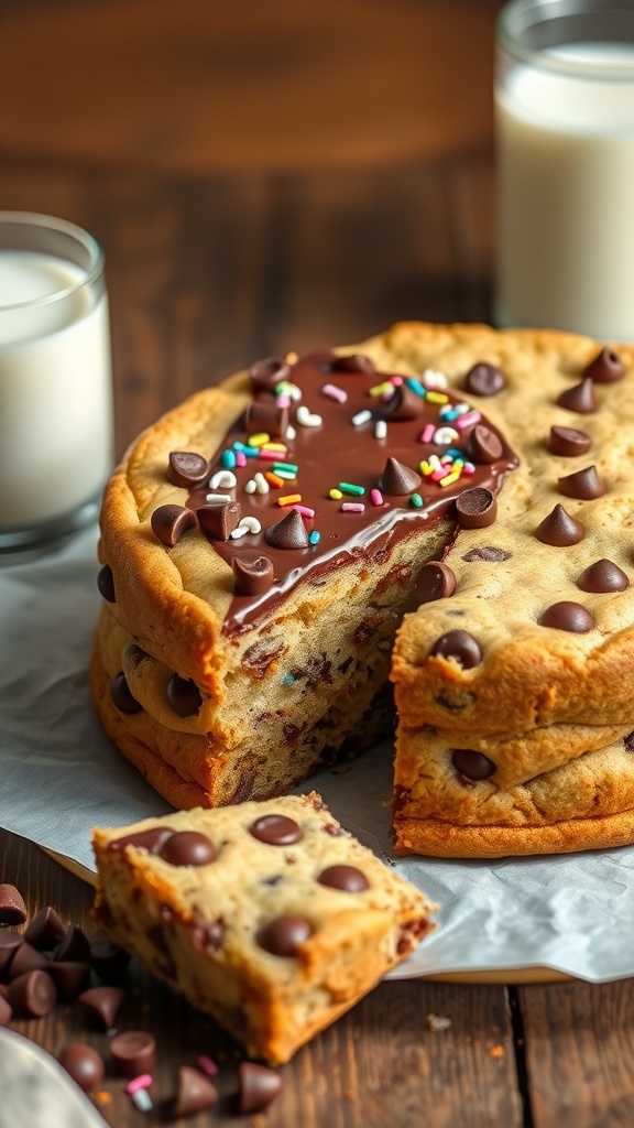 Decadent Chocolate Chip Cookie Cake A chocolate chip cookie cake topped with frosting and sprinkles, with a slice cut out, displaying its soft texture.